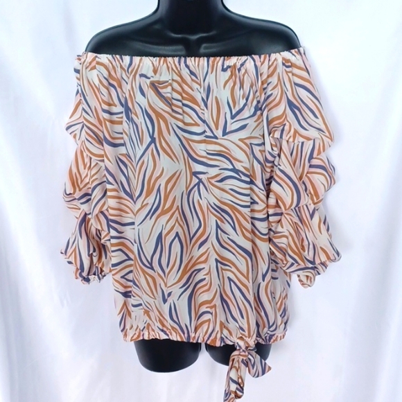 CeCe Stripe Blouse Off The Shoulder Bow Tie Waist Size Small 3/4 Sleeve - Picture 1 of 6